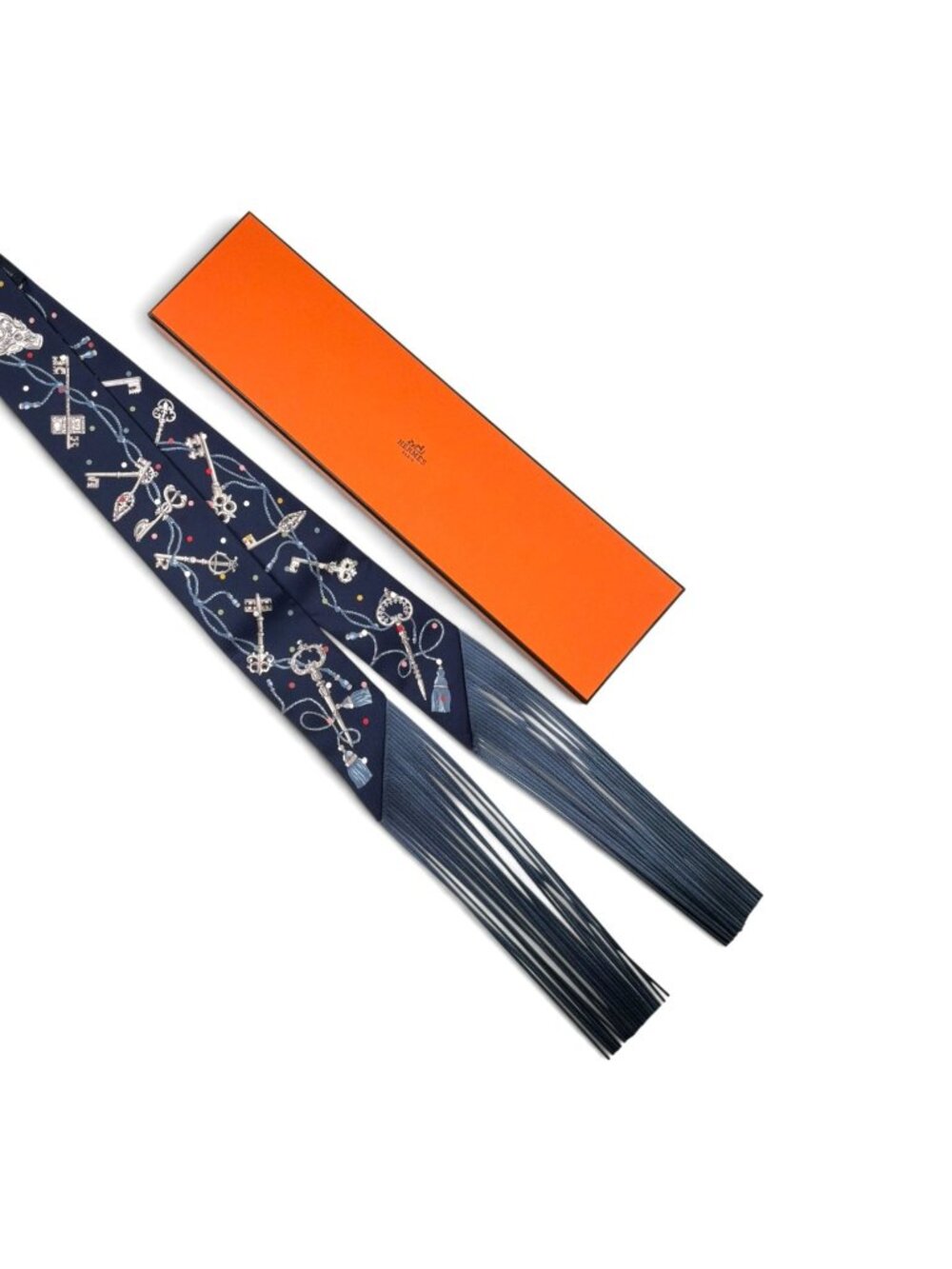 HERMES Navy Silk And Leather Fringe Twilly With Key Print